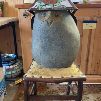 Padded Chair, Decorative Stone Owl Doorstop, & Glass Rose Themed Lampshade 