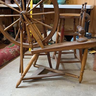 Antique Wooden Spinning Wheel & Two Stools 