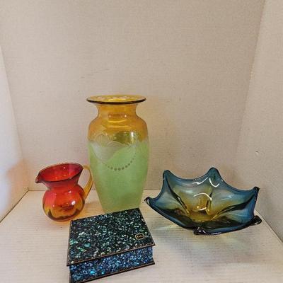 Murano Glass Bowl, Vase, Pitcher & Paua Shell Box