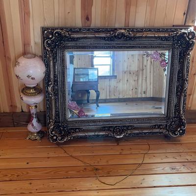 Vintage Rose Colored Urn Lamp & Large Decorative Mirror In Frame