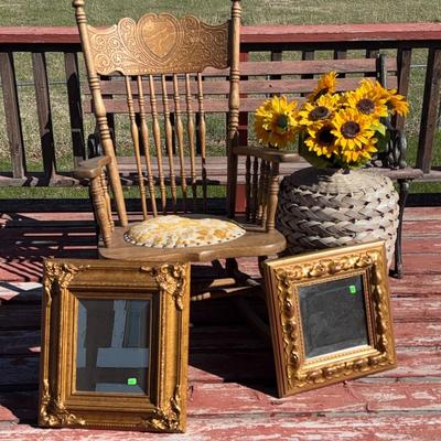 Wood Rocking Chair, Vase & 2 Gold Framed Mirrors