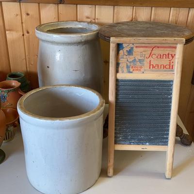 Small Round Wooden Table, 1 Large Butter Churn Base, One Small Butter Churn Base, & One Washboard