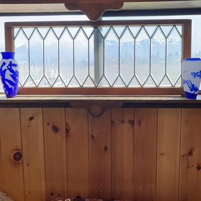 Decorative Window Pane & Two Blue & White Frosted Glass Vases 