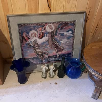 Angel Painting With Glass Figurines & Glass Items 