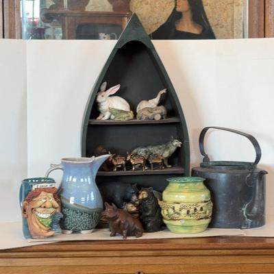 Canoe Shaped Trinket Shelf, Heavy Metal Coffee Pot & Pottery