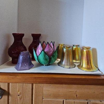 Steuben Gold Aurene Style Glass Paneled Shades, Ruby Chimneys, Glass Flower Shade