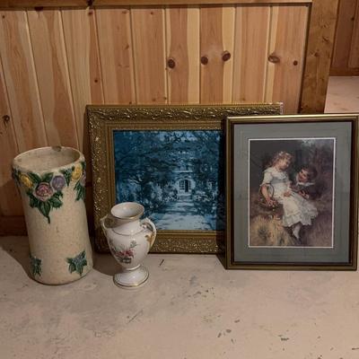 Tall Roseville Pottery Vase, Floral Vase, & Framed Art