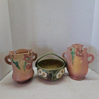 Roseville Jonquil Basket & 2 Roseville Poppy Vases
