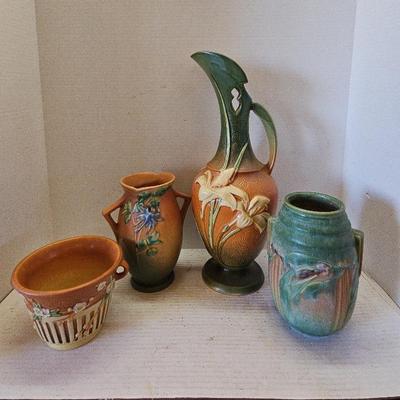 Roseville Zephyr Lilly Pitcher & 3 Roseville Vases