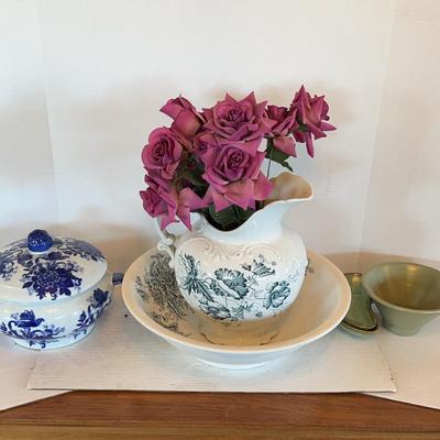 Floral Pitcher & Wash Basin With Other Glassware