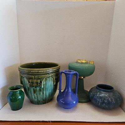 Brush McCoy Pot, Blue Vases & Alladin Green Vertique Lamp