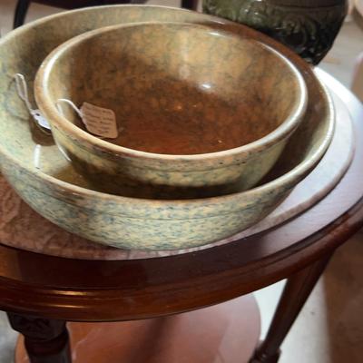 2 Spongeware Bowls (early 1900’s) And Green Planter