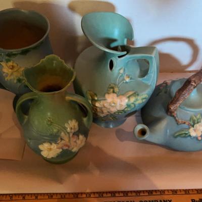 Roseville Apple Blossom Teapot, Roseville Pitcher & Vases