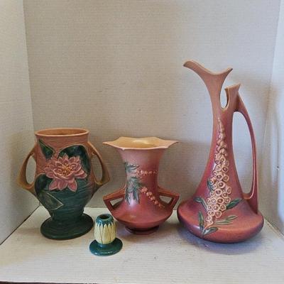 Roseville Foxglove Pitcher & Vase, Roseville Waterlilly & Roseville Candle Holder 