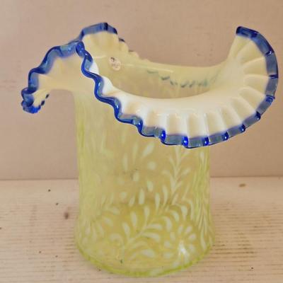 Fenton Daisy & Fern Topaz Vaseline Opalescent w/ Blue Crest Large Top Hat Vase