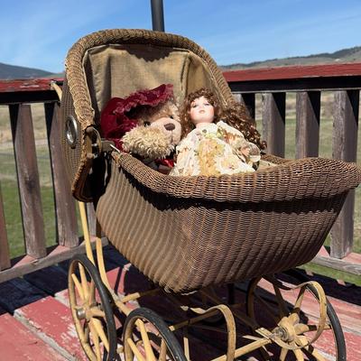 Wicker Buggy With Bear & Doll
