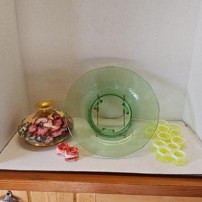 Uranium Glass Salt Cellars & Bowl & Floral Vase
