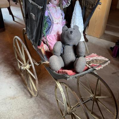 Baby Carriage With Porcelain Child & Accessories 
