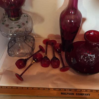 Oil Lamp, Assortment Of Red Tinted Glassware 