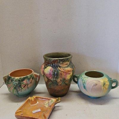 Roseville Vases & Ash Tray And Weller Apple Vase