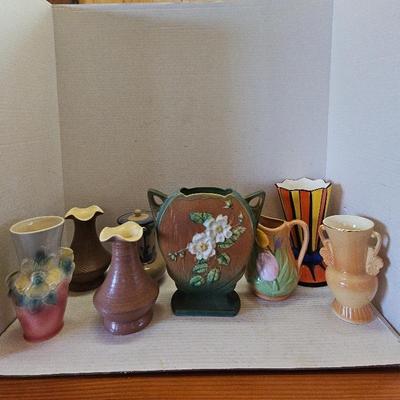 Roseville White Rose Vase, 2 Red Wing Vases With Extras