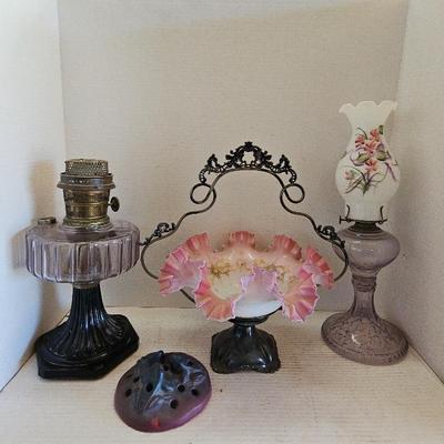 2 Purple Glass Oil Lamps, Flower Frog & Brides Basket
