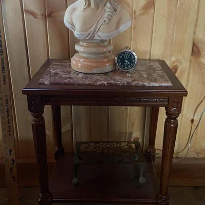 Marble Top Table With Female Bust, Clock, And Brass Stand