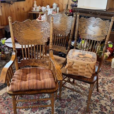 3 Dining Chairs & Wooden Picnic Basket 