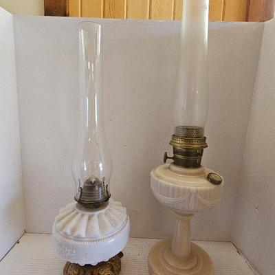 2 Milk Glass Oil Lamps & Metal Candle Holder