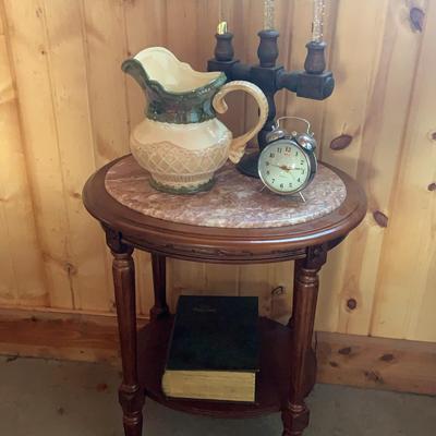 Marble Top Table With Pitcher, Candelabra, Clock & Book