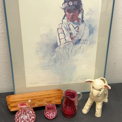 Fenton Vases, Longaberger Basket, Hull Lamb, & Weasley Watercolor 