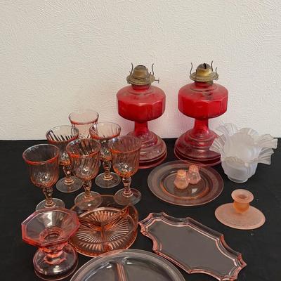 Collection Of Pink Glass & Two Red Oil Lantern Bases