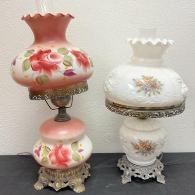 2 Table Lamps With Painted Glass Shades