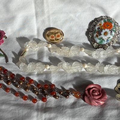 Vintage Necklaces, Brooches Assortment With Flowers