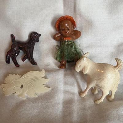 Ivory Goat, Fish Brooch, Animal Brooch, Hula Girl