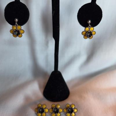 Enamel And Sterling Silver Sunflower Brooch And Earring Set