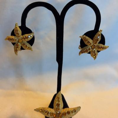 Vintage Starfish Brooch And Clip On Earring Set