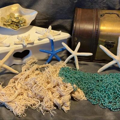 Corner Shelf With Small Treasure Box, Shell, Starfish, And More