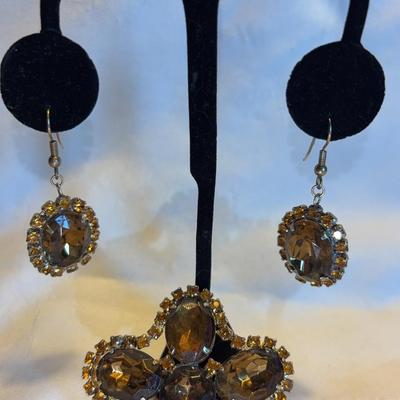 Vintage Juliana Brown Rinestone Brooch And Earring Set