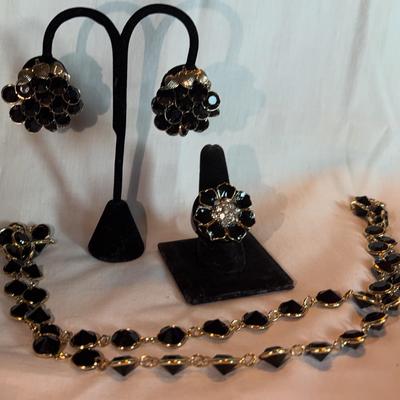 Black Glass Necklace And Earring Set With Enamel Ring