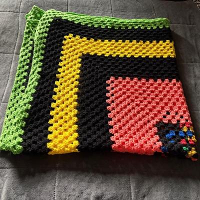 Homemade Afghan Green, Black, Yellow, Coral 60x64