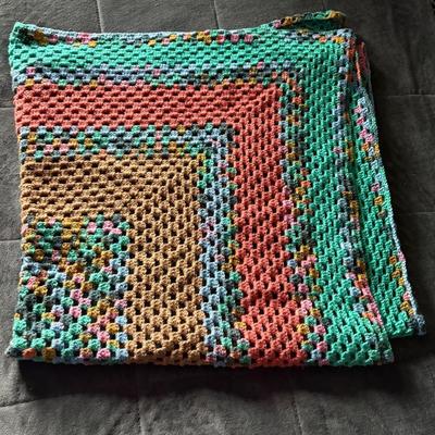 Homemade Afghan Green, Brown, Coral, Multi Colored 56x55 Inches