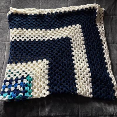 Homemade Afghan Dark Navy, White, Light Blue 61x62 Inches