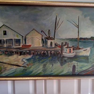 Framed Harbor Painting On Canvas