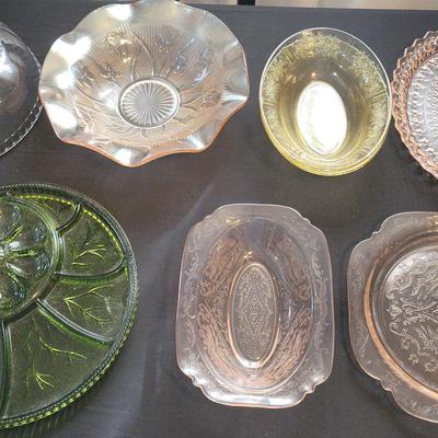 Depression Glass Platter, Princess House cake cover and more