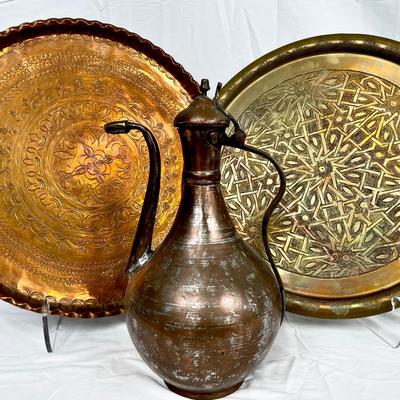 Brass And Copper Middle Eastern Tray And Water Jug 