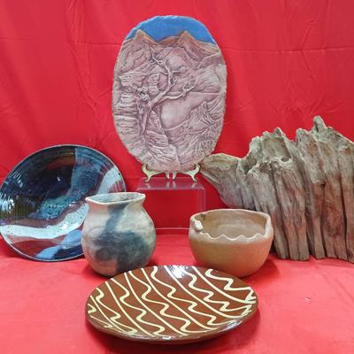 Reclaimed Wood Sculpture W/ Handcrafted Pottery