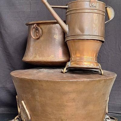 3 Vintage Copper Pots And Vintage Watering Can