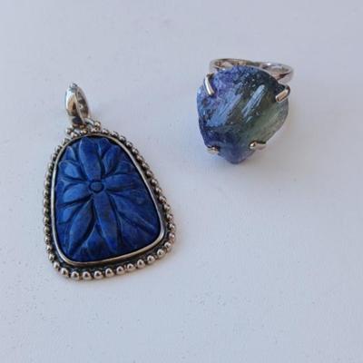 Carved Lapis Pendant + Raw Lapis/Sterling Ring Size 5.25