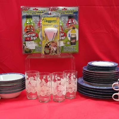 Galleria Marbled Blue Rim Dishware W/ International Cups And More